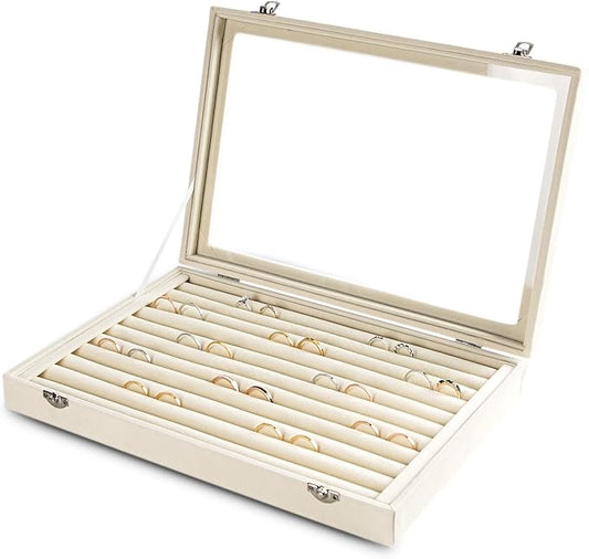Frebeauty Rings/Earrings Organizer Tray with Clear Lid 10 Slots Velvet Drawer Insert Jewelry Storage box with Glass lid Je...
