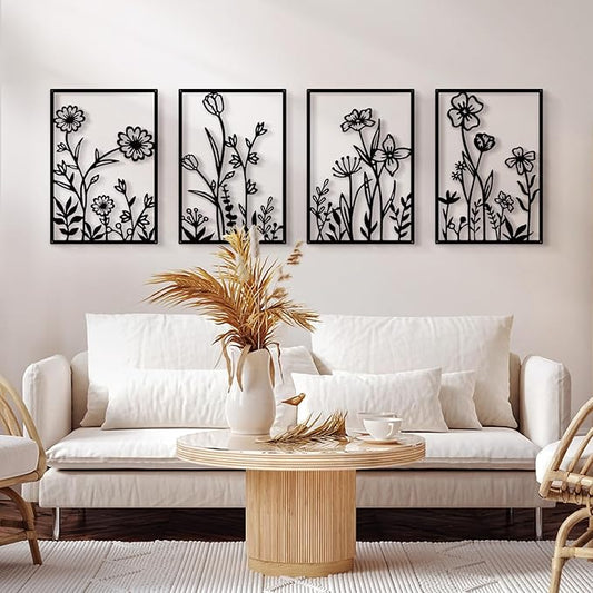 Sokurdeg Black Metal Flowers Wall Decor, Minimalist Floral Wall Hanging Art, Black Abstract Line Wall Art Sculptures for B...