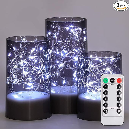 Homemory Flickering Flameless Candles with Remote, Embedded String Lights in Acylinder Vase, Battery Operated Fake Candle...