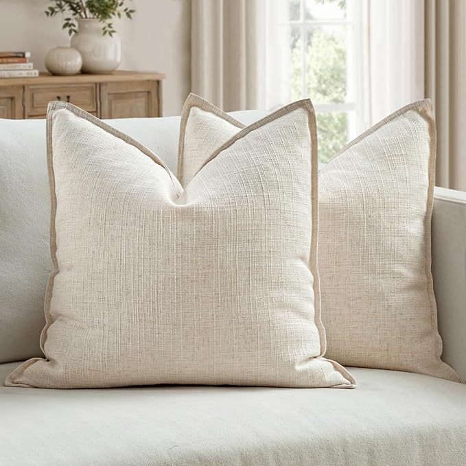 MIULEE Pack of 2 Thick Textured Couch Throw Pillow Covers, Natural Beige Decorative Pillow Covers 18x18, Neutral Linen Cus...