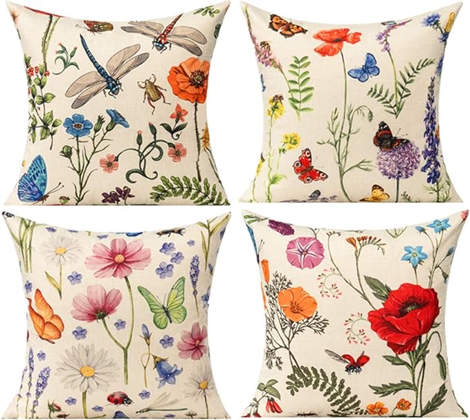 All Smiles Outdoor Patio Throw Pillow Covers 18x18 Set of 4 Spring Summer Garden Flowers Farmhouse Décor Outside Furniture...