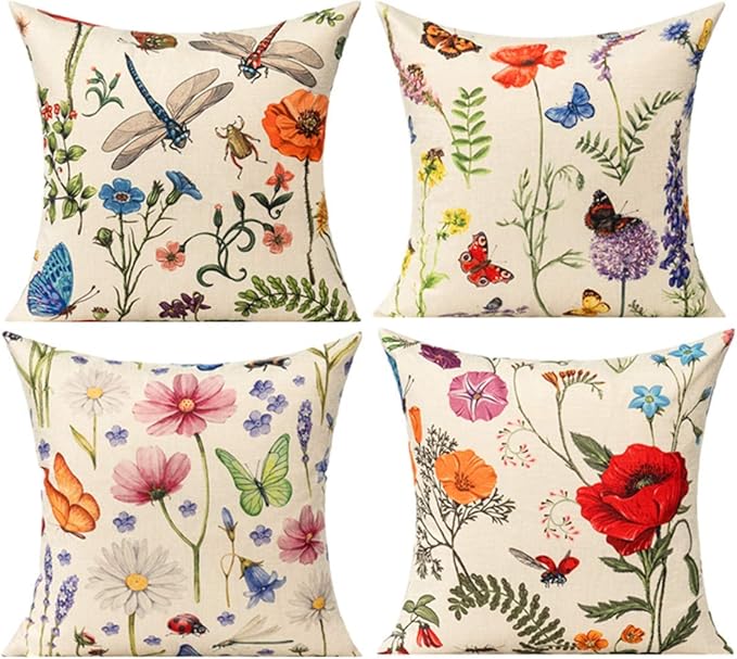 All Smiles Outdoor Patio Throw Pillow Covers 18x18 Set of 4 Spring Summer Garden Flowers Farmhouse Décor Outside Furniture...