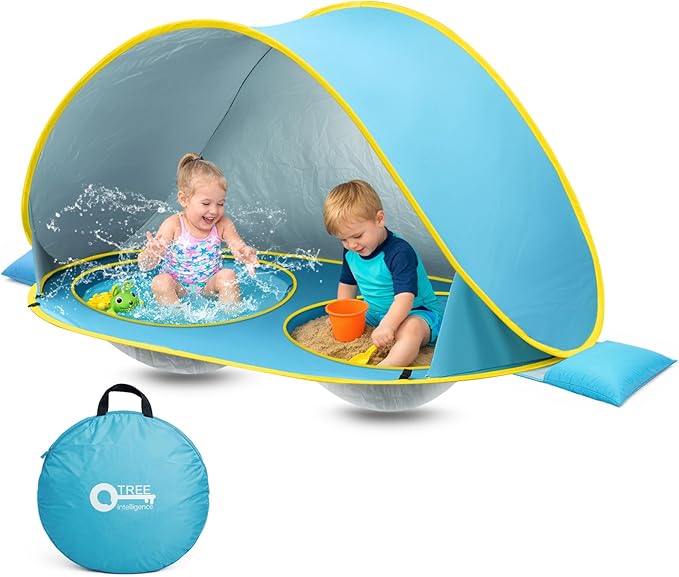 QTREE intelligence 2-IN-1 Baby Beach Tent with 2 Pool for 2 kids,74.8*41.7*35.4 inch UV Protection Sun Shelter Pop Up Play...