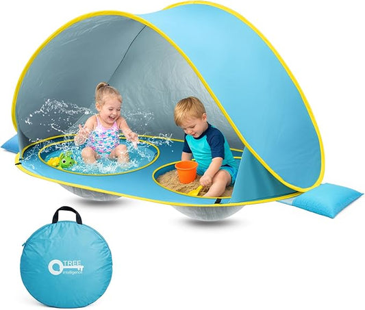 QTREE intelligence 2-IN-1 Baby Beach Tent with 2 Pool for 2 kids,74.8*41.7*35.4 inch UV Protection Sun Shelter Pop Up Play...