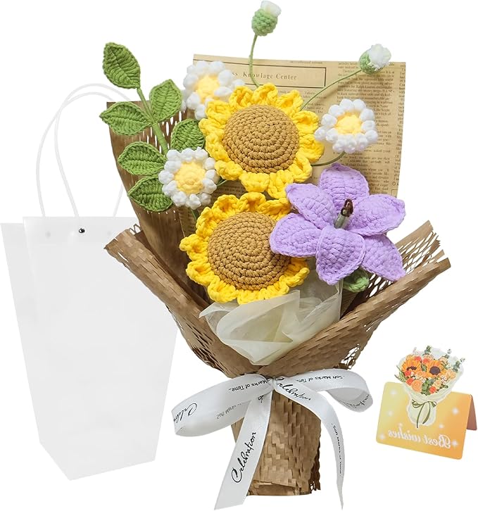 Crochet Flowers Bouquet, Handmade Knitted Sunflower,Crochet Artificial Flower for Mother’s Day, Anniversary,Lover ,Graduat...