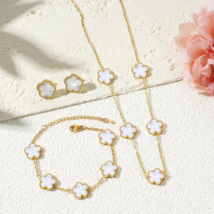 Lucky Clover Neckalce Earring Bracelet Set For Women Gold Plated Stainless Steel Chain Necklace with Flower Design Five Le...