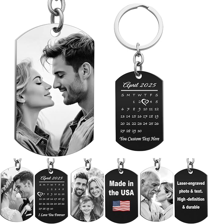 Queenberry Custom Keychain Laser Engraved Personalized Calendar Date/Photo/Text Full Color Picture