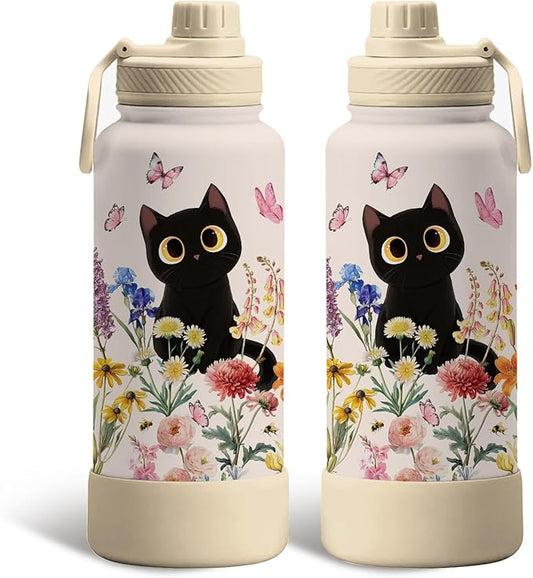 Gift for Cat Lovers - 34oz Black Cat Water Bottle for Girls, Cats Flower Tumbler with Lid, Leak-Proof, Double Wall Travel ...
