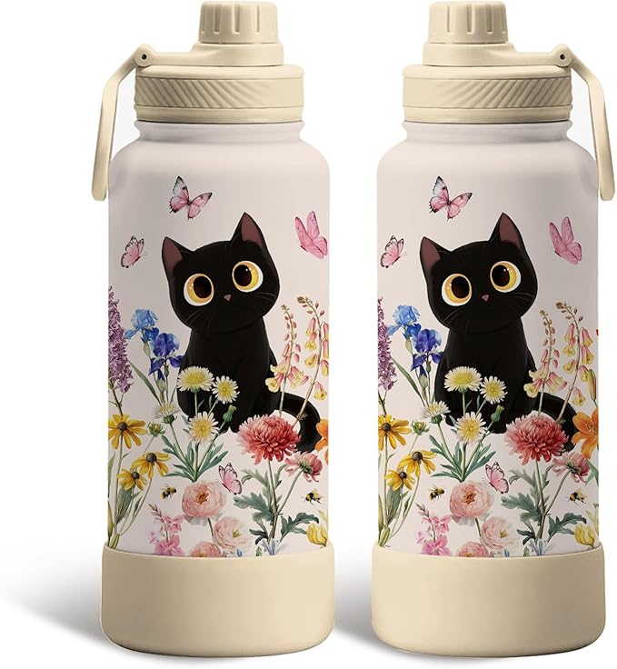 Gift for Cat Lovers - 34oz Black Cat Water Bottle for Girls, Cats Flower Tumbler with Lid, Leak-Proof, Double Wall Travel ...