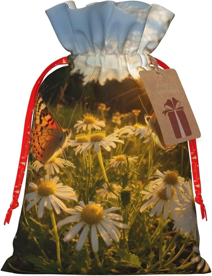 LHBZXMKJ Butterfly On Daisy Print Drawstring Present Bags Christmas gifts Wrapping Sacks Pouches for Xmas Party ﻿
