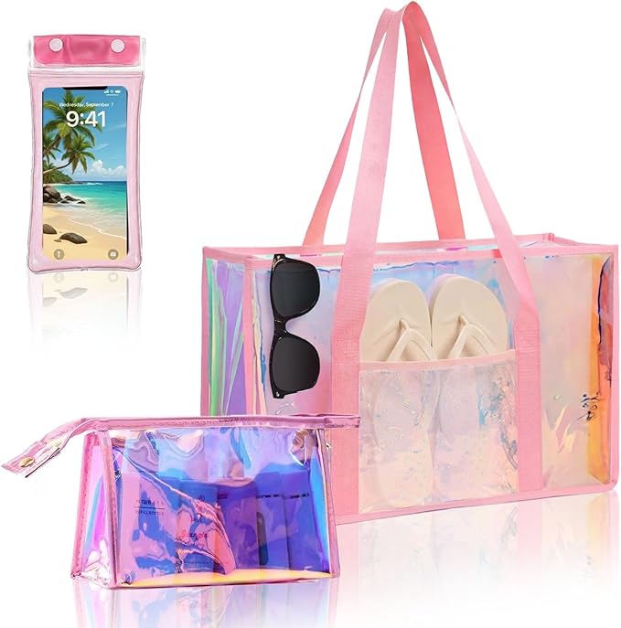 Cyrelwing 3PCS Iridescent Beach Tote Bag for Women Large Waterproof Beach Tote Bag for Swim Pool Summer Travel Vacation