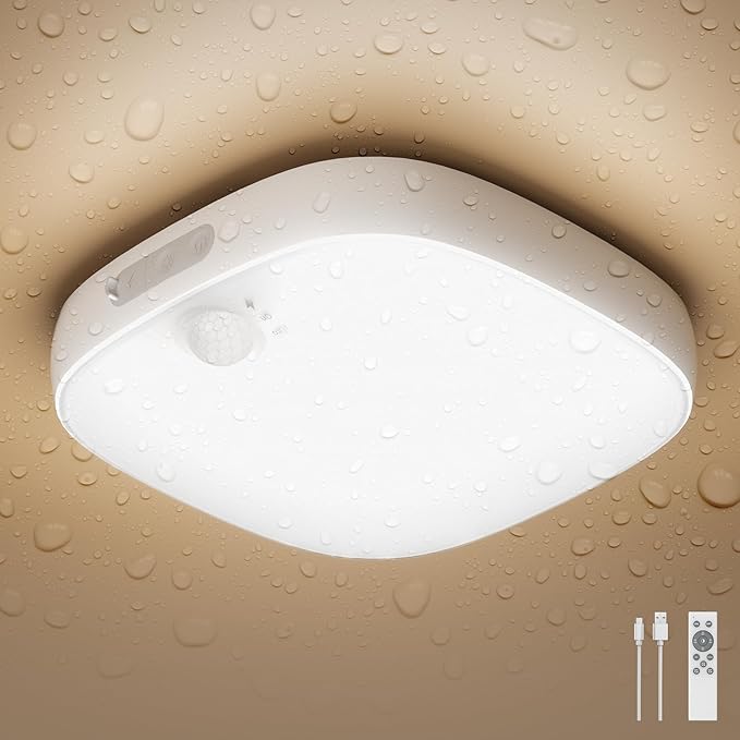 FULEN Shower Lights IP65 Waterproof, Motion Sensor Ceiling Light, Rechargeable Closet Light with 10000mAh Battery, LED Sho...