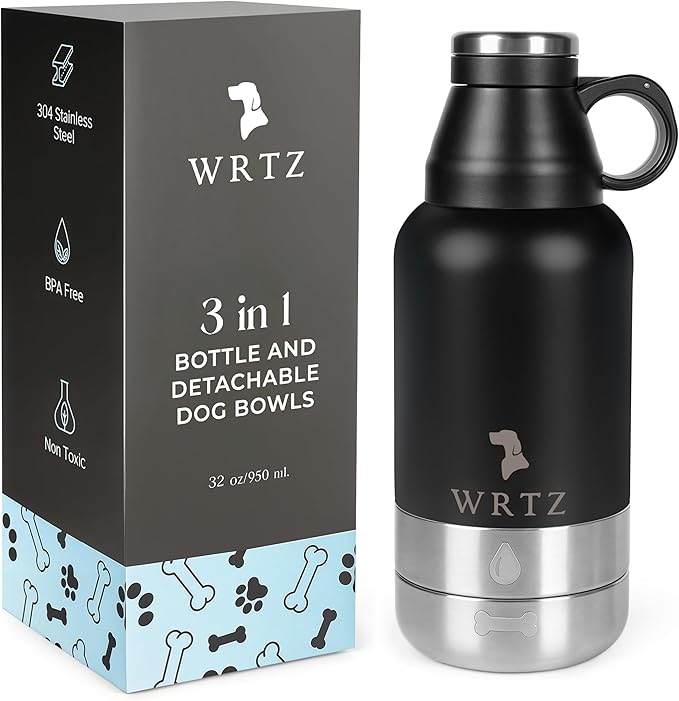 WRTZ Portable Dog Water Bottle with 2 Removable Water Bowls for Dogs – Leak-Proof Insulated Stainless Steel Dog Water Bott...