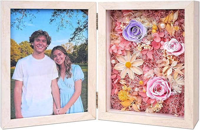 5x7'' Shadow Box Picture Frame Double Photos with Preserved Flowers, Real Floral Deep Wood Shadow Box Display Case Desktop...