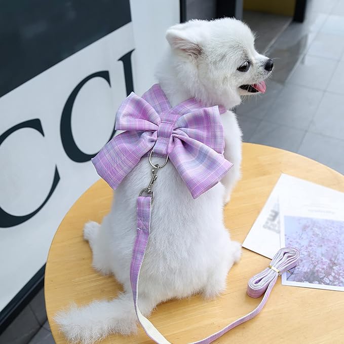 Dog Harness and Leash Set, Cute Bow Tie Plaid Harnesses for Puppy Cat, Adjustable Pet Kitties Vest, Breathable Harness Tra...