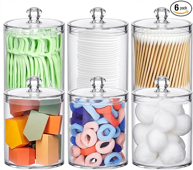 MateeyLife Qtip Holder 6 Pack, Acrylic Q-tip Dispenser for Cotton Pads, Swabs, Balls, Storage Containers for Organizing, C...