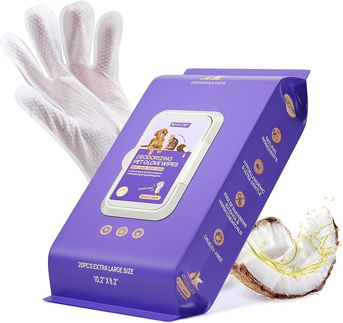 HICC PET Cleaning Deodorizing Glove Wipes for Dogs & Cats, Vet Recommended Hypoallergenic Hydrating & Nourish Fur Pet Groo...