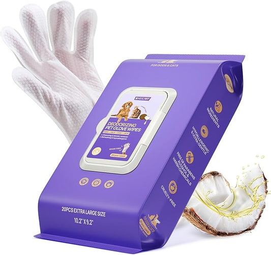 HICC PET Cleaning Deodorizing Glove Wipes for Dogs & Cats, Vet Recommended Hypoallergenic Hydrating & Nourish Fur Pet Groo...