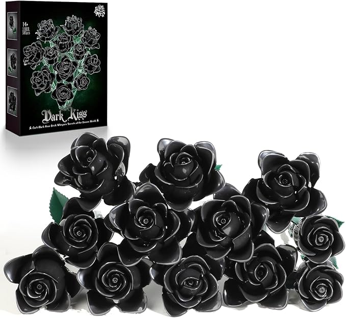12 Black Roses Building Block Bouquet Set, 585 PCS Artificial Flowers– Symbol of Mystery, Elegance & Transformation – Goth...