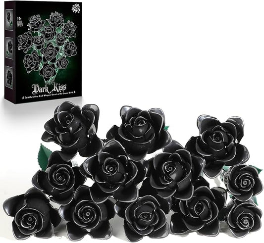 12 Black Roses Building Block Bouquet Set, 585 PCS Artificial Flowers– Symbol of Mystery, Elegance & Transformation – Goth...