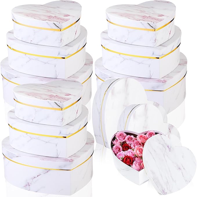 Kosiz 12 Pcs Valentine's Day Heart Shaped Boxes Nesting Marble Gift Box with Lids for Flower Arrangements Anniversary Birt...