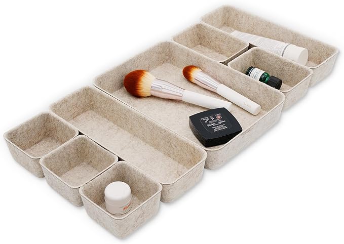 Welaxy Desk Drawer Organizer Tray, 8-Piece Beige Office Storage, Nordic Minimalist Lifestyle (Oatmeal)