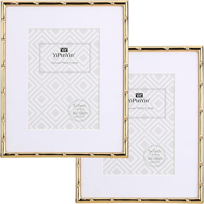 YiPinYin 8x10'' Bamboo Detail Gold Metal Picture Frame with Acid Free Mat for 5x7'' Set of 2,Narrow Gold Plated Photo Fram...