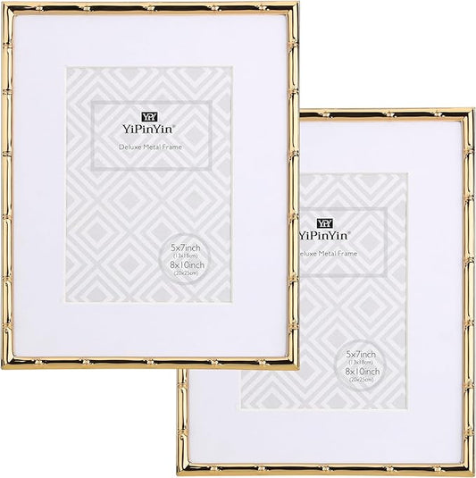 YiPinYin 8x10'' Bamboo Detail Gold Metal Picture Frame with Acid Free Mat for 5x7'' Set of 2,Narrow Gold Plated Photo Fram...