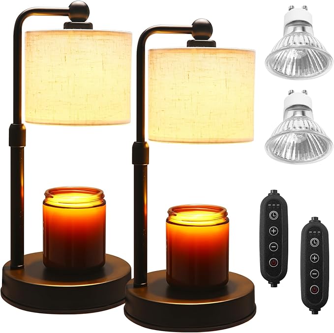 2 Pack Candle Warmer Lamp with Timer - Dimmable & Height Adjustable, Flame-Free Wax Warmer for Safe Use with Jar Candles -...