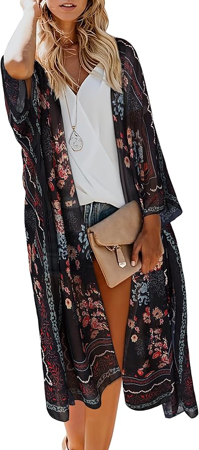 MayBuy Women's Summer Long Flowy Kimono Cardigans Boho Chiffon Beach Cover Up Tops