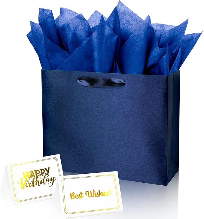 Linelglobal Blue Gift Bag with Tissue Paper Solid Color Silky for Women Men Boutique, Birthday, Fathers Day, Anniversary, ...