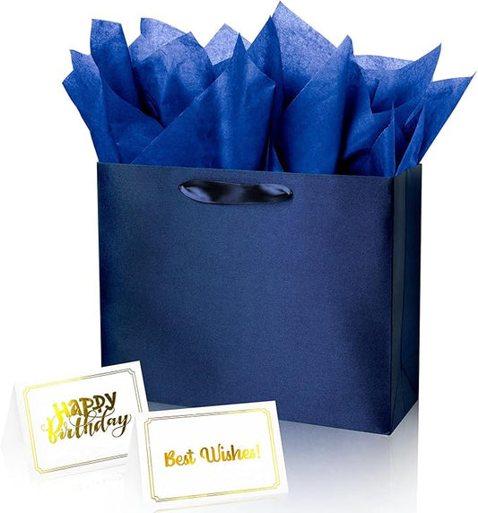 Linelglobal Blue Gift Bag with Tissue Paper Solid Color Silky for Women Men Boutique, Birthday, Fathers Day, Anniversary, ...