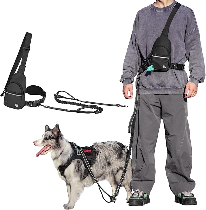 OneTigris Hands Free Dog Leash, Waist Leash for Dog Walking with Detachable Chest Bag, Thickened Mesh Lumbar Support and D...