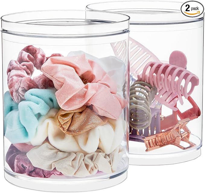 STORi Bella Tall Scrunchie Holder | Stackable Clear Plastic Container (Set of 2) Round Vanity Storage Organizers with Lids...