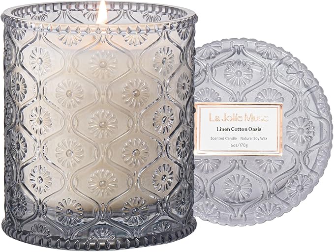 LA JOLIE MUSE Linen Cotton Oasis Scented Candle - Cotton, Jasmine & Warm Musk | 6 oz Natural Soy Wax | 40 Hours Clean Burn...