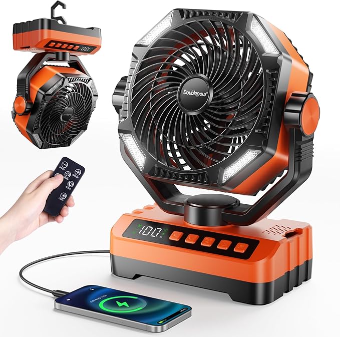 Camping LED Fan with Light, 40000Max Rechargeable Battery Powered Outdoor Tent Fan with Light and Hook, 4 Speed, Personal ...