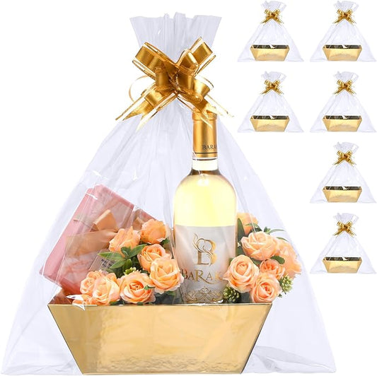 Patelai 22 Pcs Basket for Gifts Empty Kit Includes 6 Pcs 9.8x6.5 Thick Kraft Gift Basket to Fill 6 Clear Bags 10 Bows Empt...
