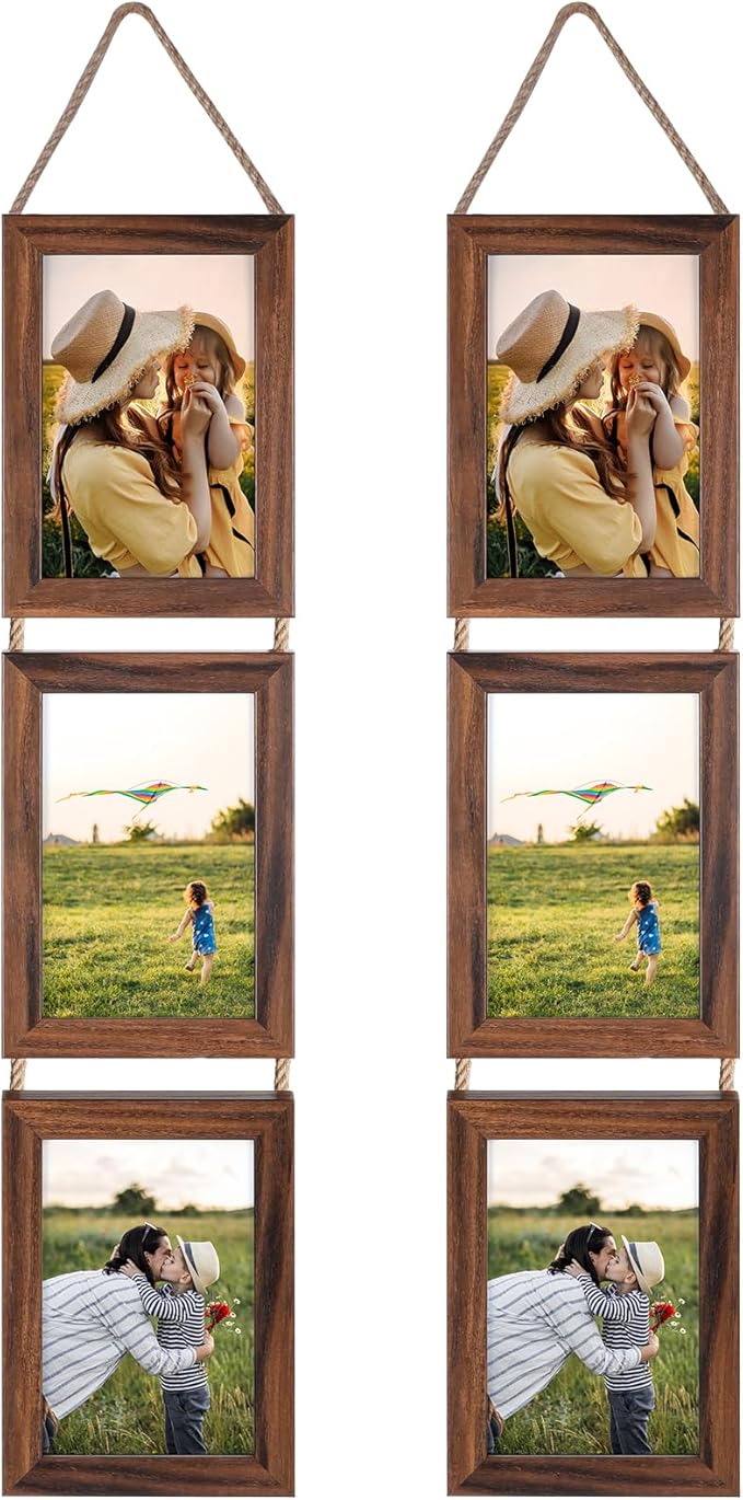 Lavezee 4x6 Collage Triple Picture Frames Set, Walnut Brown 6 Opening Hanging Vertical Frame Made to Display 4 by 6 Inch P...
