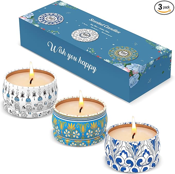 3 Pack Scented Candles Gift Set - Aromatherapy Candle for Home, Portable Hotel Small Candles, Natural Soy Wax Tin Jar for ...