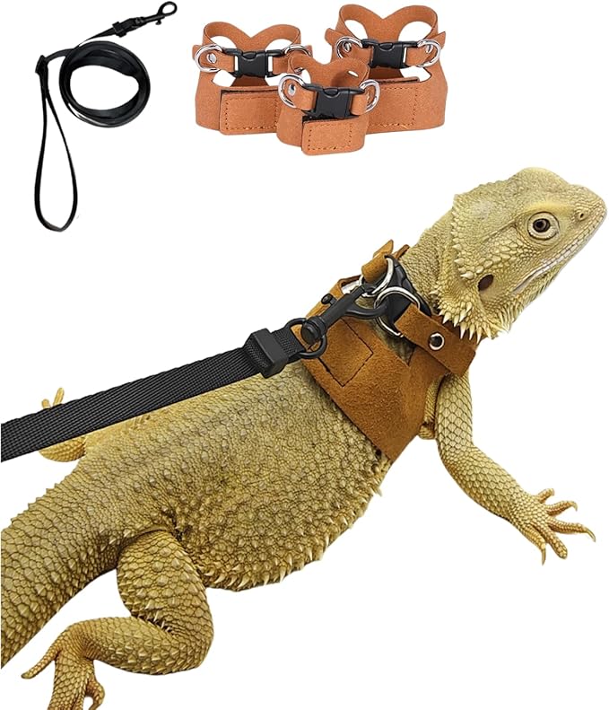 3 Pack Bearded Dragon Harness and Leash Set - Adjustable Soft Leather Lizard Harness Leash Small Animal Traction Rope Trai...