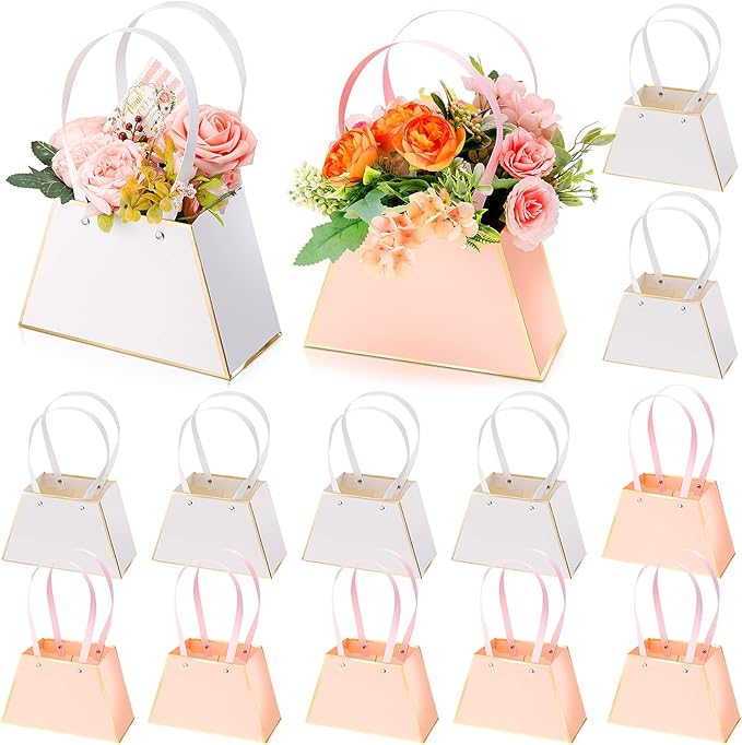 Fuutreo 12 Pcs Mother's Day Flower Gift Bags for Bouquets Portable Craft Flower Arrangement Boxes with Handle Waterproof B...