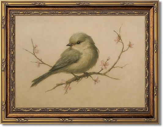 Myzoran Gold Framed Bird Canvas Wall Art,Vintage Birds Wall Decor Aesthetic,Cherry Blossom Beige Printing Artwork,Spring R...
