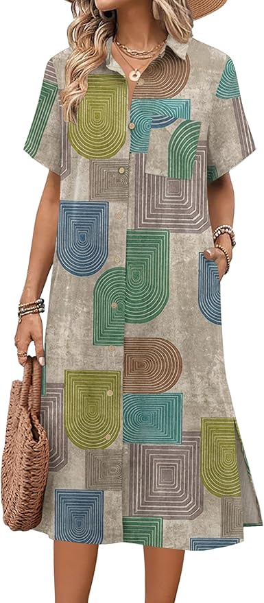 HOTOUCH Womens Dress Summer Casual Midi Short Sleeve Button Down Shirt Dresses Loose Beach Cover Up with Pockets