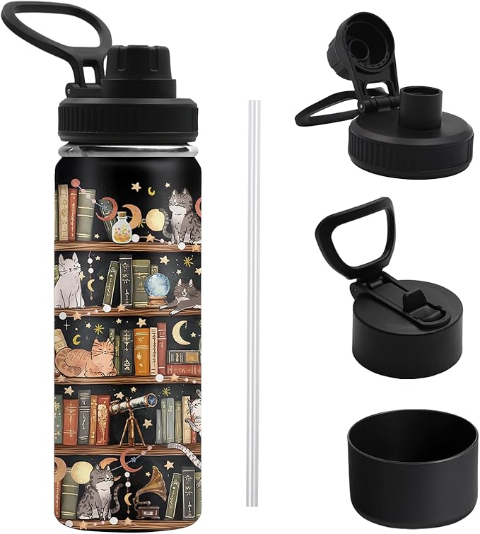 TNASURHUS Booklover Gifts for Women, Library Cat 18oz Water Bottle, Bookish Gifts for Readers Librarian, 18oz Leak-proof T...