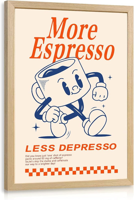 Cyebmo Funny Coffee Wall Art, Vintage Cafe Kitchen Wall Decor, More Espresso Less Depresso Art Prints, Beige Dorm Poster P...