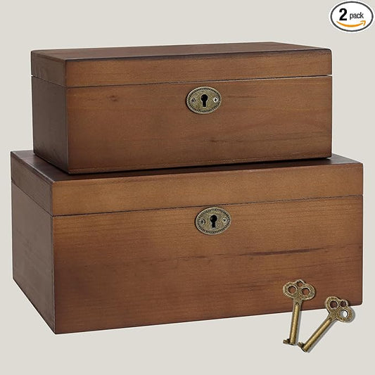 SUJUN Wooden Keepsake Box with Hinged Lid, 2 Pack Vintage Lockable Storage Chest for Jewelry Letters & Memories, Decorativ...