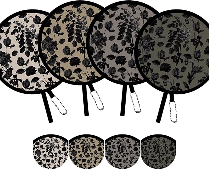 SUJJY 4 Pack Elegant Black Plant Foldable Hand Fans, Versatile Round Handheld Fans for Travel, Events, Indoor and Outdoor...