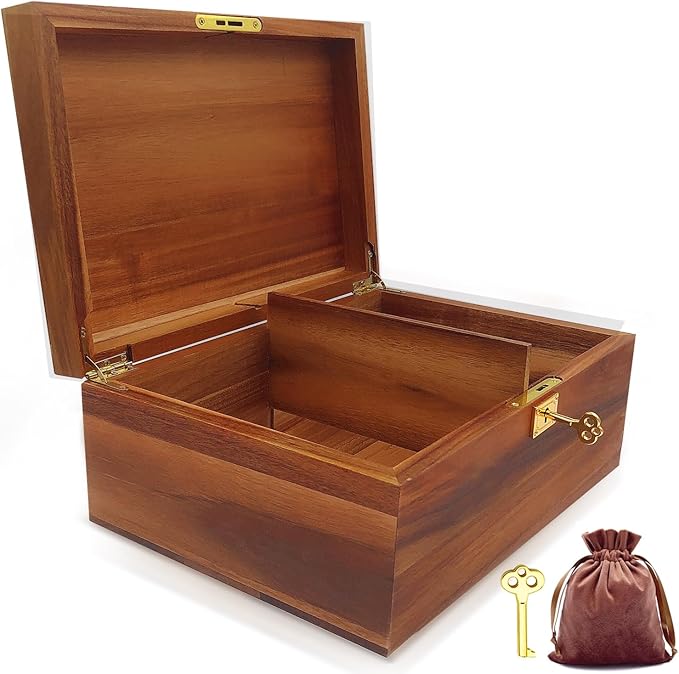 WELITTCON Wood Box Large Decorative Wooden Storage Box with Hinged Lid and Locking Key Premium Acacia Keepsake Chest Box M...