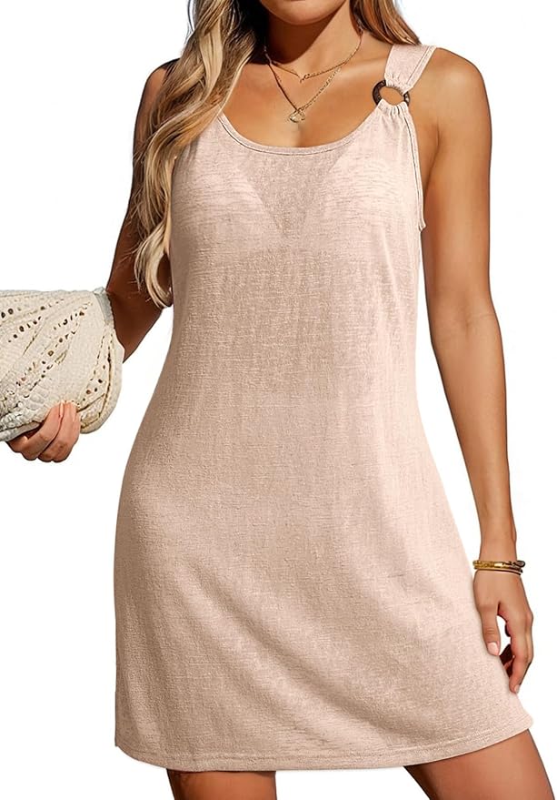 Dokotoo Swimsuit Coverup for Women Scoop Neck Sleeveless Sheer Beach Dresses Side Slit Vacation Bathing Suit Cover Up