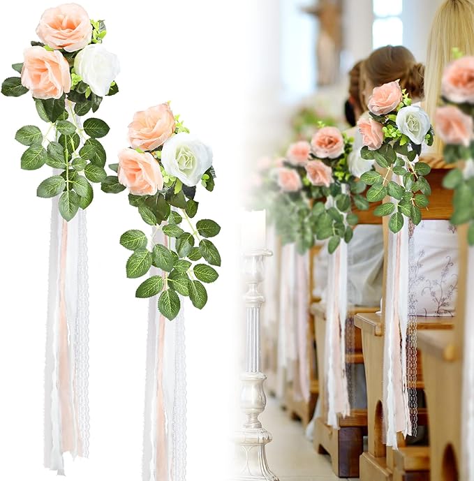 Giegxin 16 Pcs Wedding Aisle Decorations Pew Flower for Wedding Ceremony Aisle Chair Artificial Rose Chair Back Floral Dec...